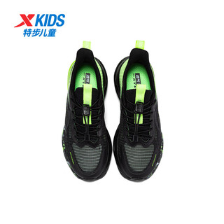 特步儿童男童鞋夏季透气旋钮扣中大童跑步鞋运动鞋子 黑/荧光青柠绿 37码