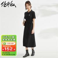 佐丹奴裙子女夏纯棉衬衫裙刺绣绑带单排扣翻领连衣裙13464303 09黑色 XL