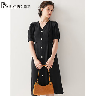 帕罗（PALUOPO）2024连衣裙小众收腰显瘦肚子法式短袖春夏设计感A字中长裙 黑色 L(165/88A)