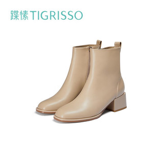 蹀愫（tigrisso）冬季保暖绵羊短靴空姐靴圆头方粗跟法式时装女靴TA32722-11 奶茶色（猪皮内里） 38