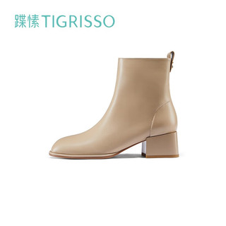 蹀愫（tigrisso）冬季保暖绵羊短靴空姐靴圆头方粗跟法式时装女靴TA32722-11 奶茶色（猪皮内里） 38
