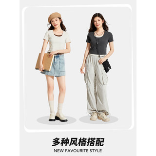 热风（Hotwind）短袖t恤女2024年夏季女士假两件美式复古高腰短款亲肤短T 08杏色 M