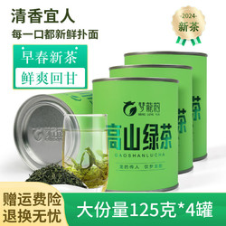 梦龙韵 茶叶绿茶2024年新茶浓香解腻茶口感清甜量贩口粮茶大份量散茶罐装明前高山125克*4罐+礼袋