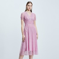 SUSSI 古色（女装） 古色/粉色V领花边烫钻短袖连衣裙夏季女中式国风女装高级感