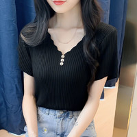 燠阳 冰丝t恤女装新款韩版纽扣V领上衣针织打底衫