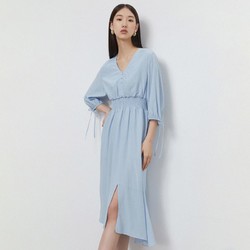 MECITY 女装夏季新款纯色V领收腰袖口系带女梭织垂感连衣裙