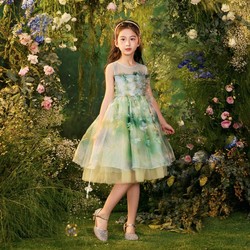 笛牧 女童连衣裙2024夏季新款森系绿色高级超仙网纱儿童无袖公主裙