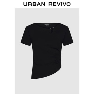 URBAN REVIVO 夏季新款女装时髦小众不规则设计感收褶T恤 UWG440098 正黑 S