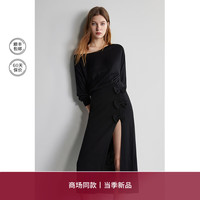 ochirly欧时力 天丝小黑裙2024春夏开衩收腰斜露肩针织连衣裙 黑色 M