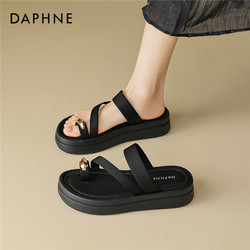 DAPHNE 达芙妮 平底夹趾拖鞋女夏季外穿2024新款黑色法式厚底海边沙滩凉鞋