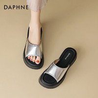 DAPHNE 达芙妮 银色拖鞋女夏季外穿2024新款厚底一字带增高凉鞋休闲沙滩鞋