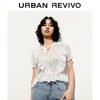 URBAN REVIVO 夏季新款女装甜美浪漫荷叶边绑带短袖罩衫衬衫 UWL240026