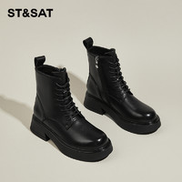 ST&SAT; 星期六 黑色厚底马丁靴女款2024春季新款百搭气质显脚小粗跟短靴子