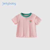 JELLYBABY 女童t恤夏天薄款宝宝撞色短袖夏装潮儿童时髦上衣2中小童夏季衣服 粉色