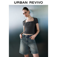 URBAN REVIVO 女装潮流休闲简约百搭方领修身T恤衫UWV440143 中灰 XS