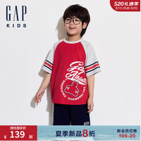 Gap男童2024夏季撞色插肩袖小熊印花logo短袖T恤上衣466235 红色 120cm(XS) 亚洲尺码
