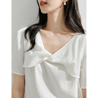 茵曼（INMAN）法式蝴蝶结衬衣2024夏季女装优雅肌理短袖显瘦气质上衣 珍珠白 M