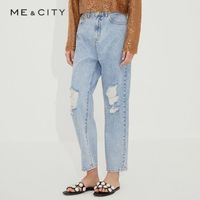 MECITY 女装夏季破洞设计韩系街头风牛仔拨印破洞九分裤女
