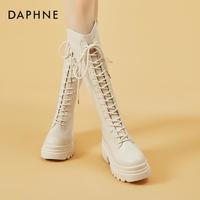 DAPHNE 达芙妮 骑士靴女长筒靴2024新款靴子白色绑带马丁靴内增高厚底长靴