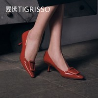 tigrisso 蹀愫 春夏新款方扣中跟漆皮尖头小猫跟高跟鞋单鞋女鞋TA43587-11