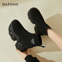 百亿补贴：DAPHNE 达芙妮 内增高厚底针织短靴女秋冬季新款小个子黑色加绒弹力袜子鞋