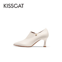 KISSCAT 接吻猫 2023秋季新款时尚精致真皮鞋尖头乐福鞋细跟优雅时装靴女