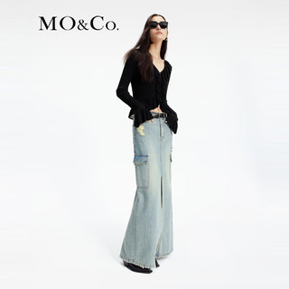 MO&Co.2024春法式荷叶边V领修身镂空针织衫开衫MBD1CAR030 黑色 XS/155