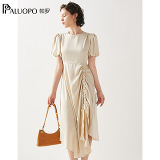 帕罗（PALUOPO）24连衣裙子通勤纯色小香风设计感修身简约公主风短袖中长裙 卡其 M(160/84A)
