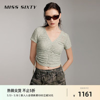 MISS SIXTY2024夏季短袖T恤女V领褶皱抽绳显瘦百搭休闲辣妹风 灰绿 S