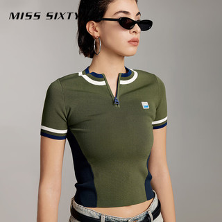 MISS SIXTY2024夏季针织衫女圆领短袖撞色条纹美式复古休闲风 军绿 S