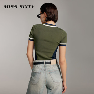 MISS SIXTY2024夏季针织衫女圆领短袖撞色条纹美式复古休闲风 军绿 L