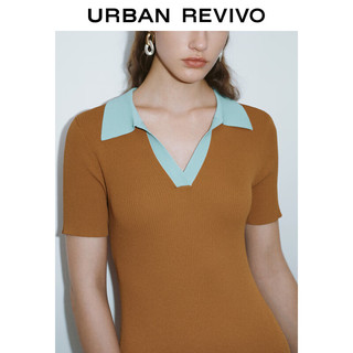 URBAN REVIVO 女士复古气质撞色修身针织连衣裙 UWG940192 深棕色 L