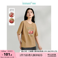 茵曼（INMAN）复古显瘦T恤2024夏季女装水果印花图案减龄圆领短袖上衣 咖啡色 XL