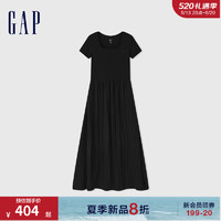 Gap女装2024夏季拼接褶皱方领短袖连衣裙简约纯色长裙406427 黑色 155/76A(XS)亚洲尺码