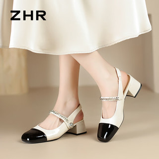 ZHR包头凉鞋女2024夏季外穿一字带玛丽珍女鞋法式浅口粗跟高跟鞋 米黑 34
