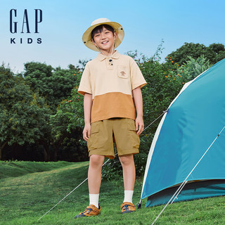 Gap男童2024夏季洋气撞色运动polo衫儿童装翻领短袖T恤466215 卡其棕撞色 140cm(10-11岁)亚洲尺码