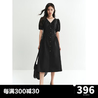 太平鸟女装气质V领连衣裙2024夏季新款纯色法式茶歇裙小众洋气小黑裙
