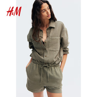 H&M女装2024夏季亚麻混纺短裤1214041 卡其绿 160/72