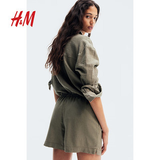 H&M女装2024夏季亚麻混纺短裤1214041 卡其绿 160/72