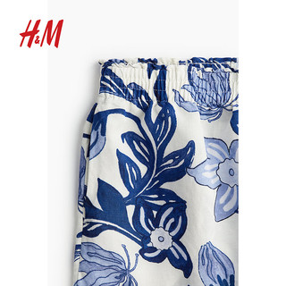 H&M女装休闲裤2024夏季高腰直筒花卉宽松透气亚麻短裤1222706 白色/蓝色花卉 170/88