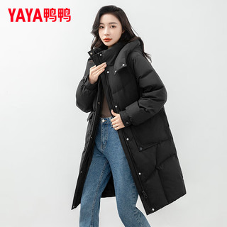 鸭鸭（YAYA）鸭鸭羽绒服女中长款2024年冬季时尚休闲连帽防风保暖外套XH 黑色 160/84A(M)