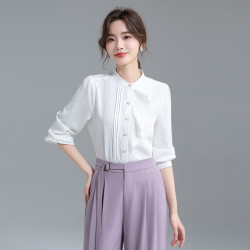 lachapelle拉夏贝尔白色衬衫女2024夏季款新中式立领荷叶边长袖高级感