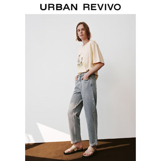 URBAN REVIVO 女装复古水洗棉质时髦卷边牛仔长裤UWH840084