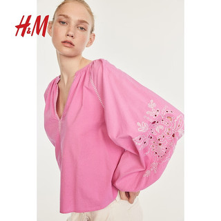 H&M女装2024夏季棉质小提花刺绣灯笼袖上衣1232900 白色 155/80 XS