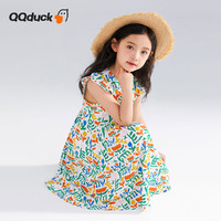 QQ duck 可可鸭 童装女童连衣裙儿童裙子夏短袖学生青少年衣服碎花小飞袖；140