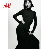 H&M HM女装连衣裙夏季立领长袖紧身汗布连衣裙1208476