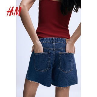 H&M女装牛仔裤2024夏季自然腰毛边设计舒适感牛仔短裤1222130 深牛仔蓝 165/76