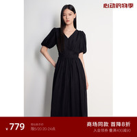 ochirly欧时力 天丝提花法式桔梗裙2024夏装收腰气质连衣裙 黑色 XL