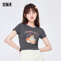 Semir 森马 艺术家联名]森马短袖T恤女2024夏季新款短款修身辣妹猫咪印花上衣