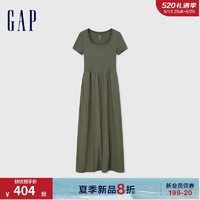 Gap女装2024夏季拼接褶皱方领短袖连衣裙简约纯色长裙406427 深绿色 155/76A(XS)亚洲尺码